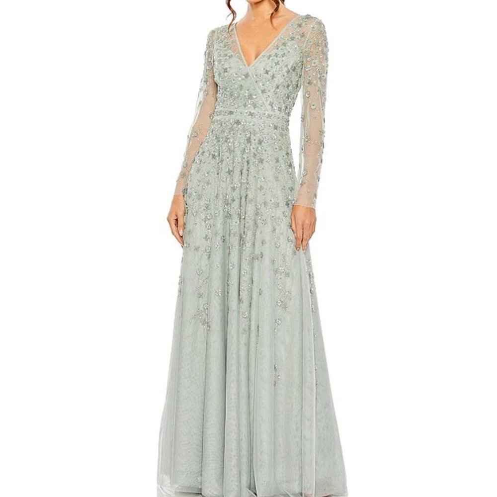 Mac Duggal Embellished Wrap Long Sleeve A Line Gown - Sage Dress